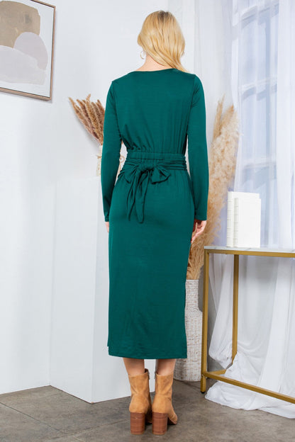 Orange Farm Waist Wrap Dress-with Pockets-solid in Hunter Green view 6 - Wrap Dress With Pockets