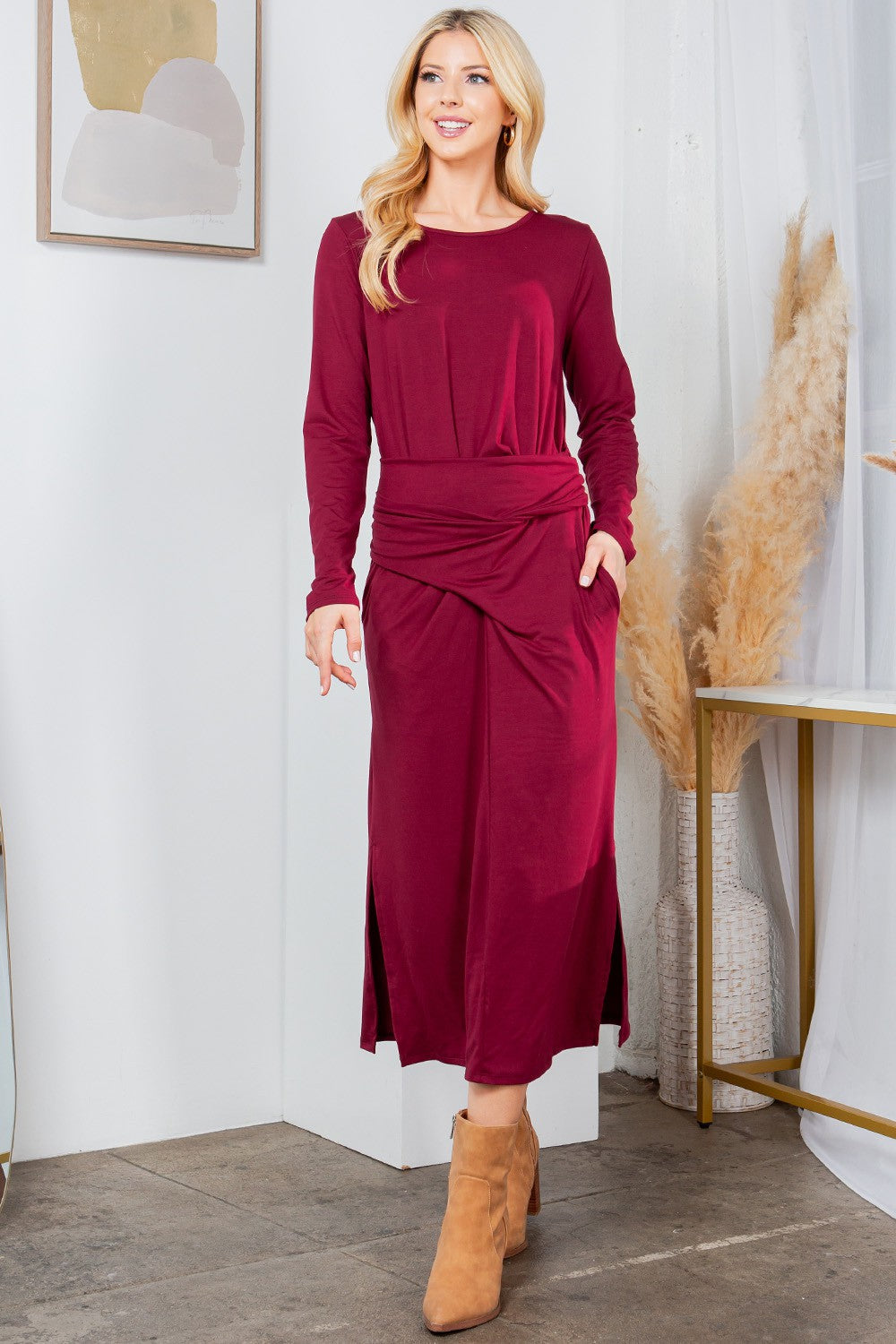 Orange Farm Waist Wrap Dress-with Pockets-solid in Hunter Green view 8 - Wrap Dress With Pockets