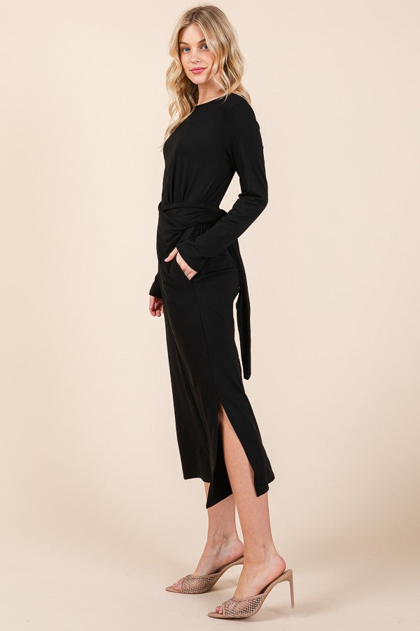 Orange Farm Waist Wrap Dress-with Pockets-solid view 15 - Wrap Dress With Pockets
