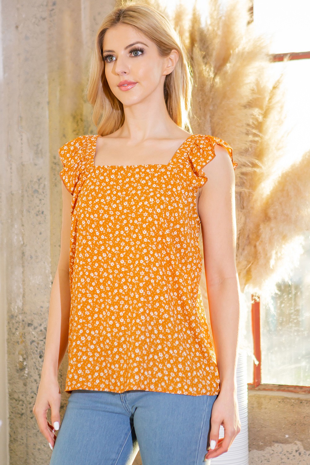 Orange Farm Woven Ruffle Sleeve Top in Caramel view 8 - Woven Frill Top