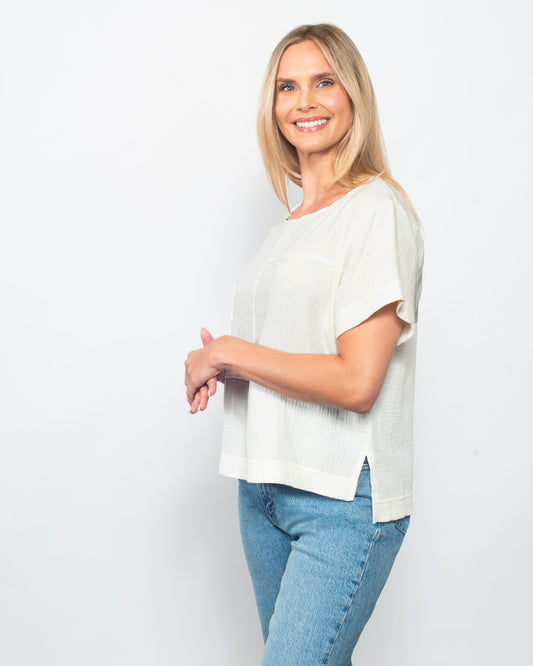 Organic Cotton Gauze Seamed Top in Ecru view 2 - Organic Cotton Tops