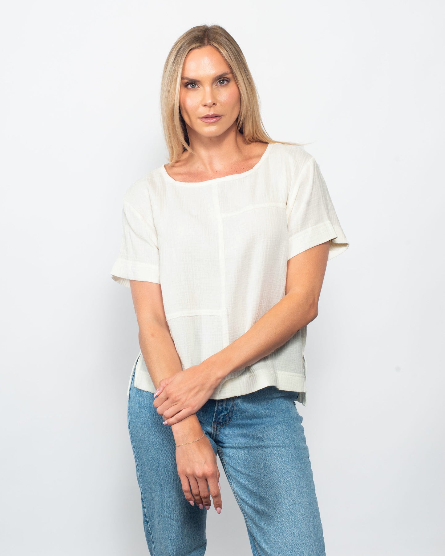 Organic Cotton Gauze Seamed Top in Ecru view 3 - Organic Cotton Tops