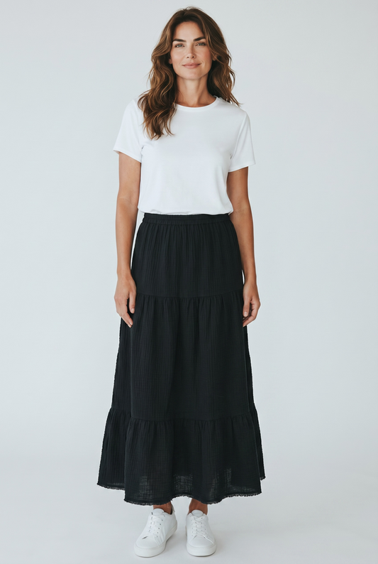 Organic Cotton Gauze Tiered Skirt in Washed Coral view 2 - Organic Cotton Skirts