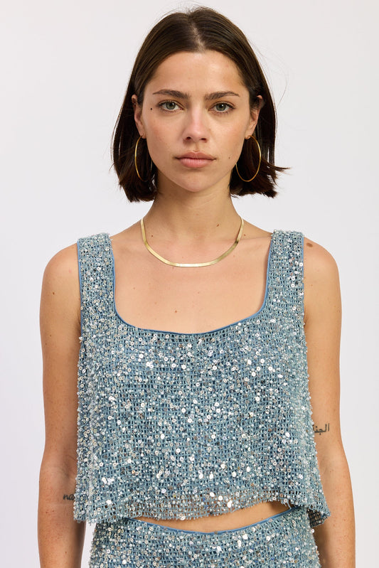 Osanna Sequin Crop Top in Blue - Sequin Tops On Hsn
