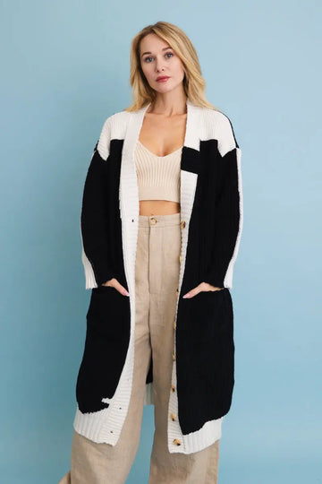 Oversized Color Block Button-up Knit Cardigan Top - MeeeShop Women's Fashion