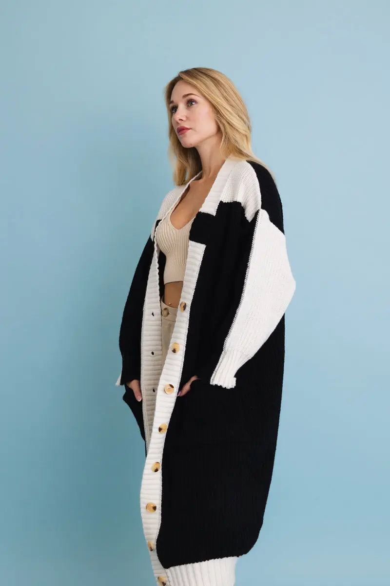 Oversized Color Block Button-up Knit Cardigan Top - MeeeShop Women's Fashion
