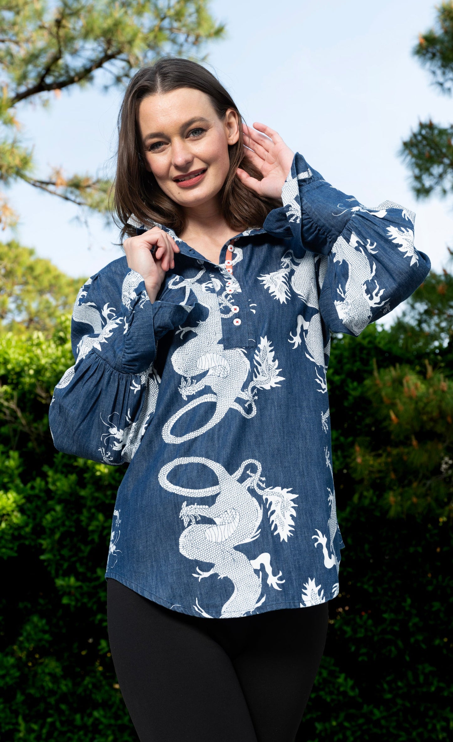 Oversized Top with Ruffle Neck Denim Dragon Pattern in XS - Relaxed Fit - Big Ruffle Top