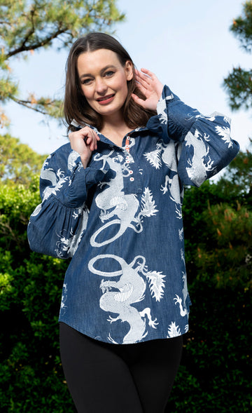 Oversized Top with Ruffle Neck Denim Dragon Pattern in XS - Relaxed Fit - Big Ruffle Top