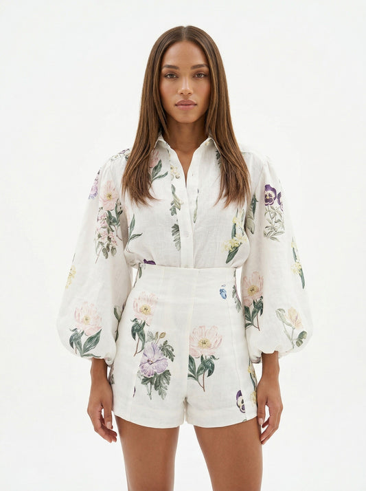 Painterly Botanical Linen Blouson Two-piece Set in Small (one-piece)