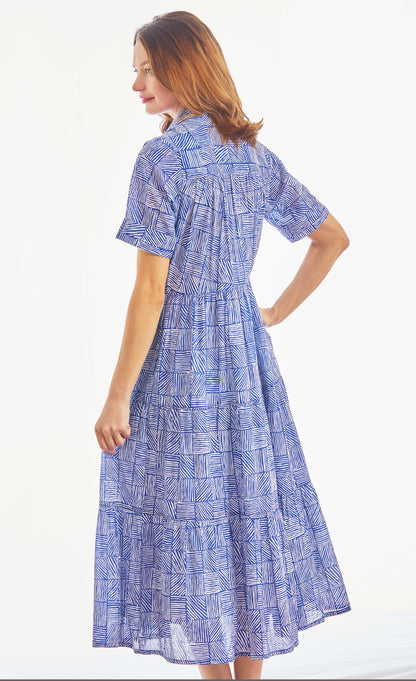 Palm Desert Long Dress, Cotton Voile Navy White Criss Cross Little Boxes in L view 4 - Palm Desert Dress Shops