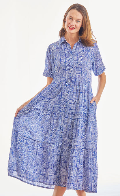 Palm Desert Long Dress, Cotton Voile Navy White Criss Cross Little Boxes in XL view 5 - Palm Desert Dress Shops