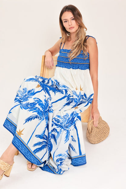 Palm Escape Woven Maxi Dress in IVORY BLUE