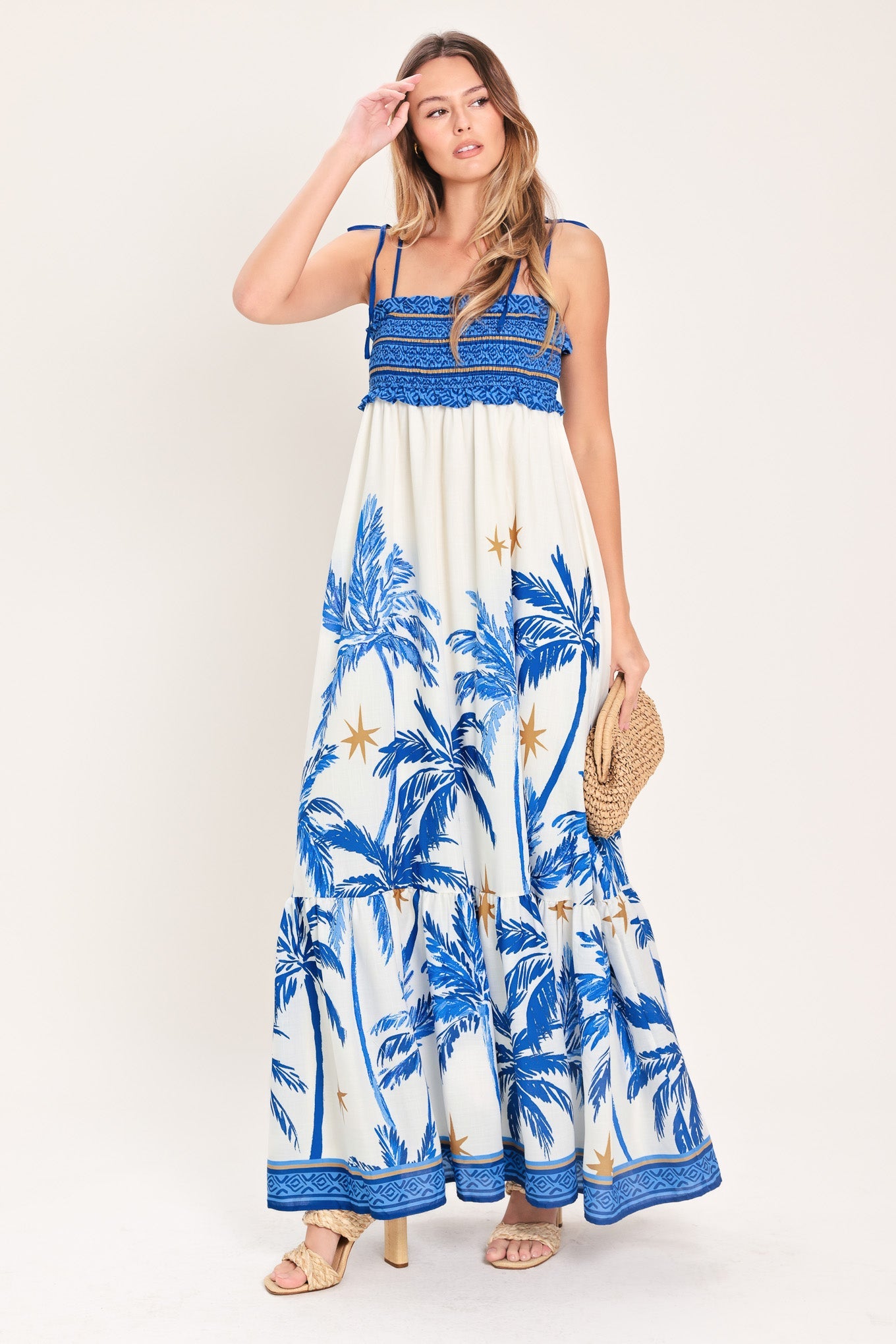 Palm Escape Woven Maxi Dress in IVORY BLUE view 4