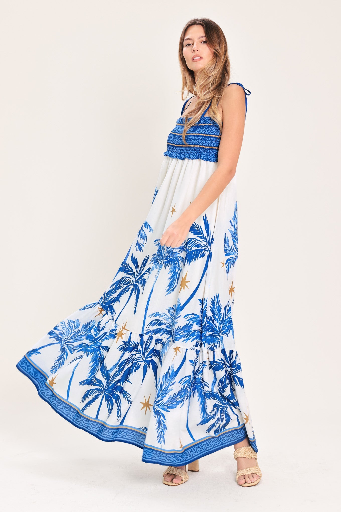 Palm Escape Woven Maxi Dress in IVORY BLUE view 6