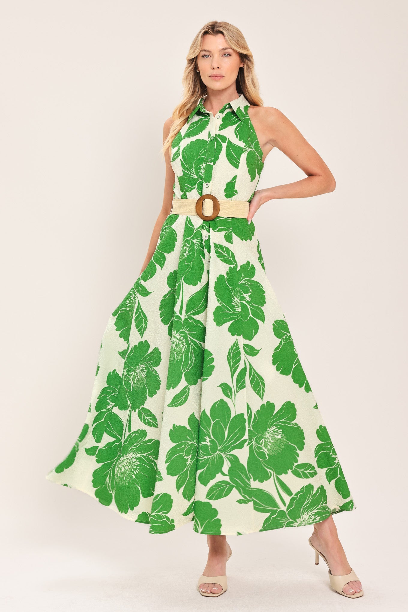 Palm Royale Woven Midi Dress in IVORY GREEN - Palm Royale Dress Ideas