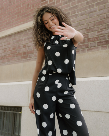 Paris Polka Dot Print Pleated Round Neck Tank Wide Leg Two-piece Outfit in S - Pol Outfi (top)