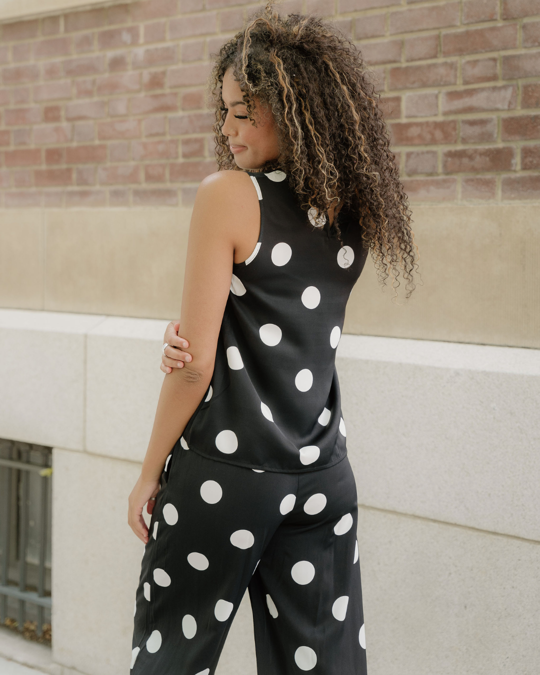 Paris Polka Dot Print Pleated Round Neck Tank Wide Leg Two-piece Outfit view 10 - Pol Outfi (top)