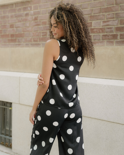 Paris Polka Dot Print Pleated Round Neck Tank Wide Leg Two-piece Outfit view 10 - Pol Outfi (top)