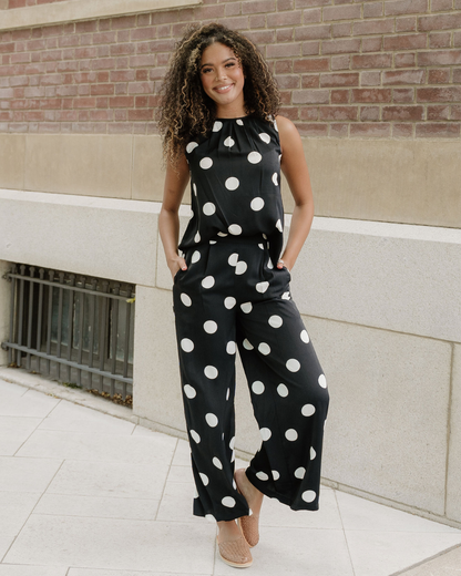 Paris Polka Dot Print Pleated Round Neck Tank Wide Leg Two-piece Outfit in M view 2 - Pol Outfi (top)