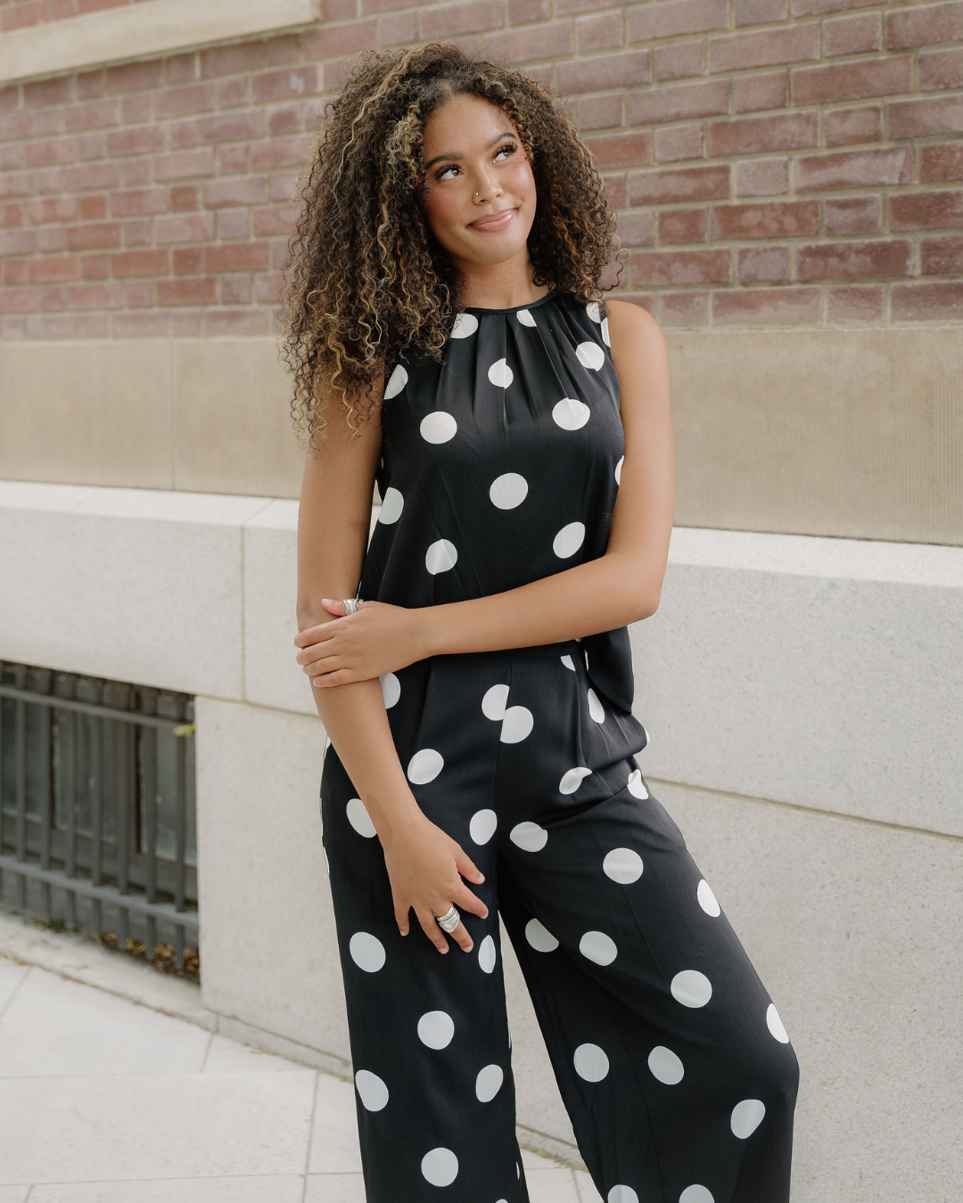 Paris Polka Dot Print Pleated Round Neck Tank Wide Leg Two-piece Outfit in XL view 4 - Pol Outfi (top)