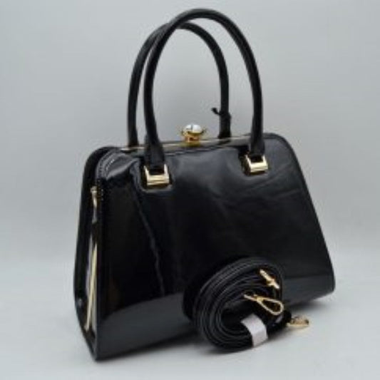 Patent Frame Satchel Handbag with Top Handles and Pearl Clasp in Black - Clasp Handbag
