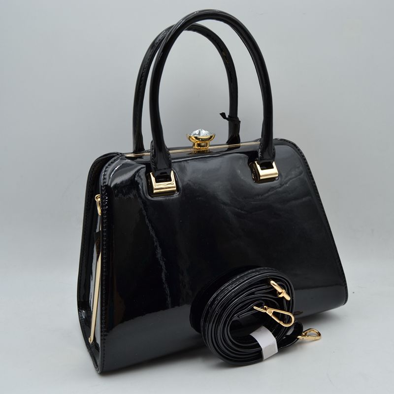 Patent Frame Satchel Handbag with Top Handles and Pearl Clasp - MeeeShop Women's Fashion