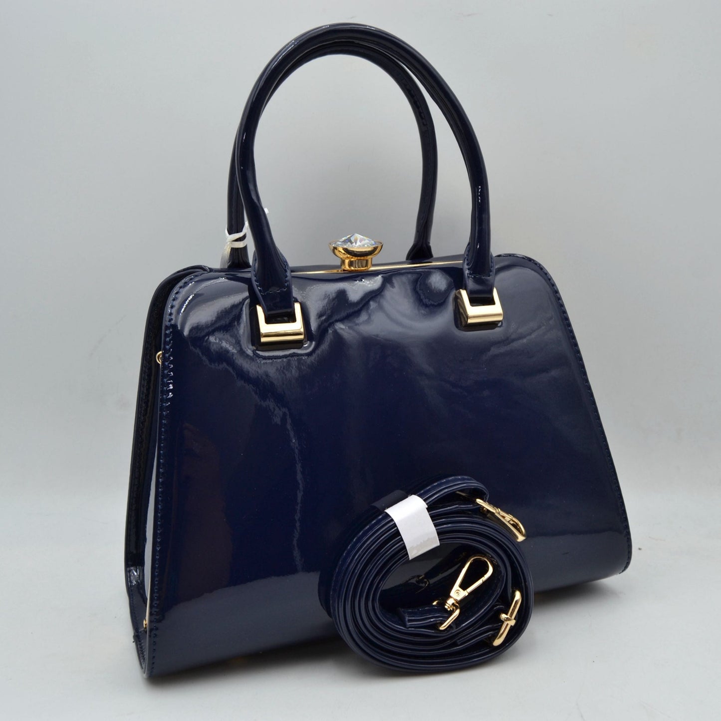 Patent Frame Satchel Handbag with Top Handles and Pearl Clasp - MeeeShop Women's Fashion