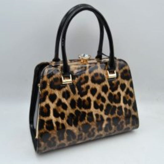 Patent Frame Satchel Handbag with Top Handles and Pearl Clasp in Leopard view 2 - Clasp Handbag
