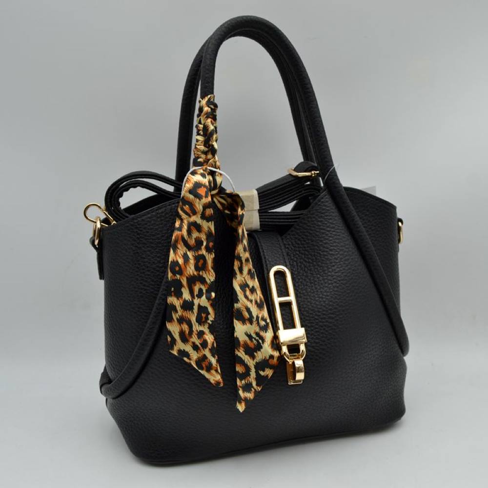Pebbled Handbag with Scarfed Top Handles and Crossbody Strap in Black - Strap Handbag