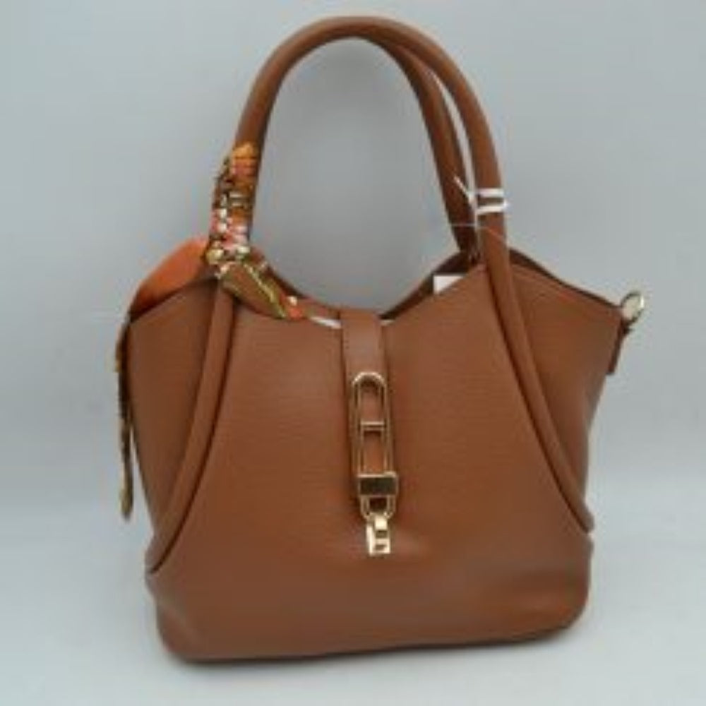 Pebbled Handbag with Scarfed Top Handles and Crossbody Strap in Brown view 2 - Strap Handbag
