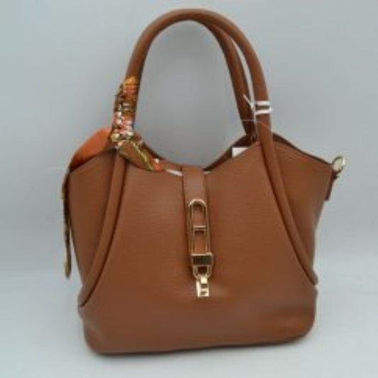 Pebbled Handbag with Scarfed Top Handles and Crossbody Strap in Brown view 2 - Strap Handbag