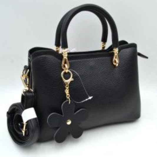 Pebbled Satchel Handbag with Dual Handles and Flower Charm in Black - Pebbled Satchel Bag