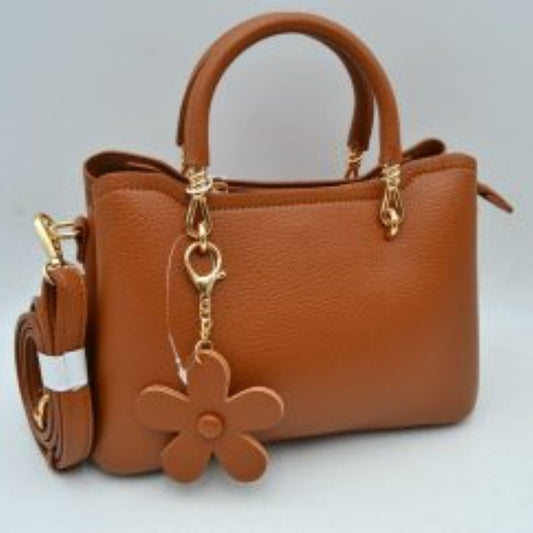 Pebbled Satchel Handbag with Dual Handles and Flower Charm in Brown view 2 - Pebbled Satchel Bag