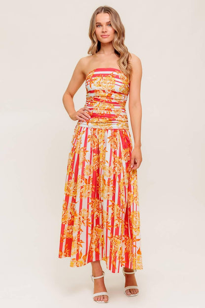 Peony Storm Dance Woven Midi Dress in STRAWBERRY