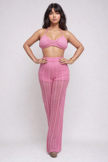 Pink Crochet Halter & Pant Set - MeeeShop Women's Fashion