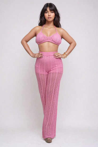 Pink Crochet Halter & Pant Set in M view 2 - Pink Crochet Set Women (bottom)
