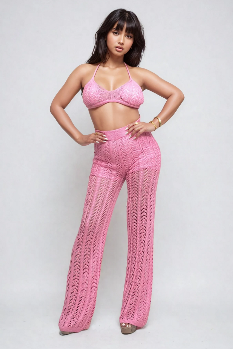 Pink Crochet Halter & Pant Set view 4 - Pink Crochet Set Women (bottom)