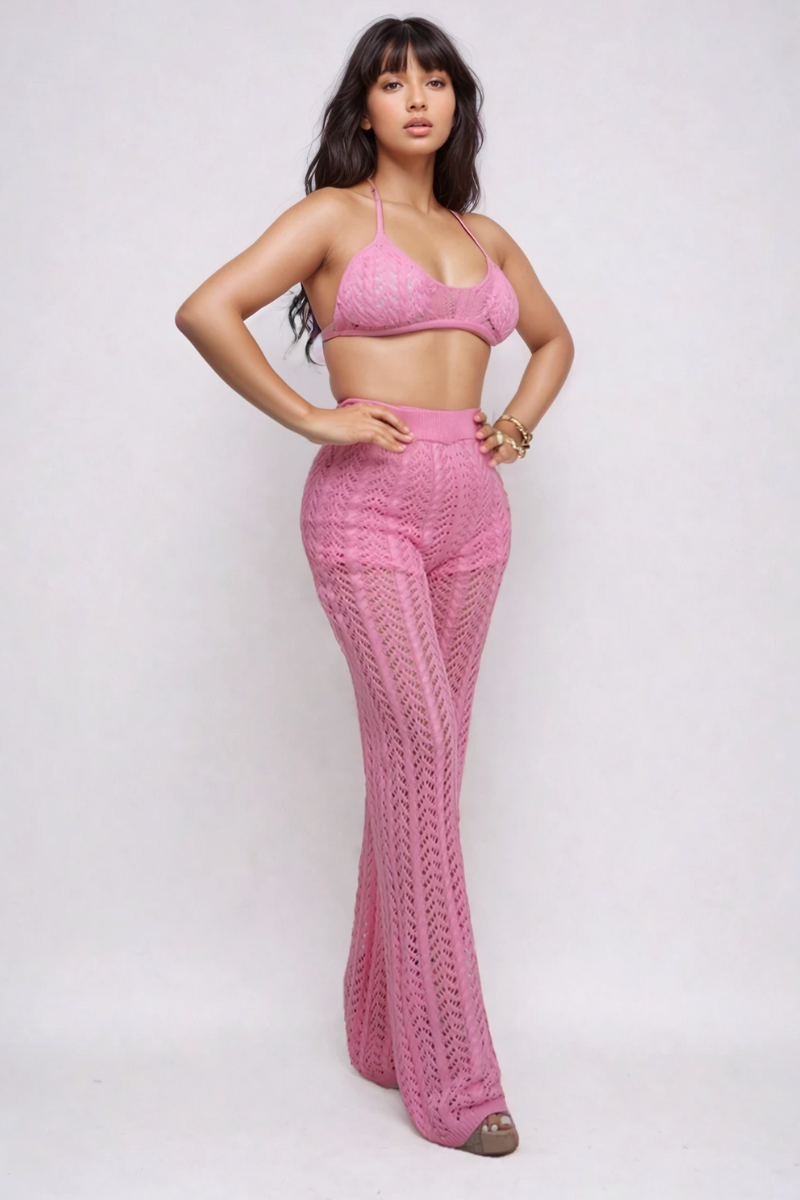 Pink Crochet Halter & Pant Set view 5 - Pink Crochet Set Women (bottom)