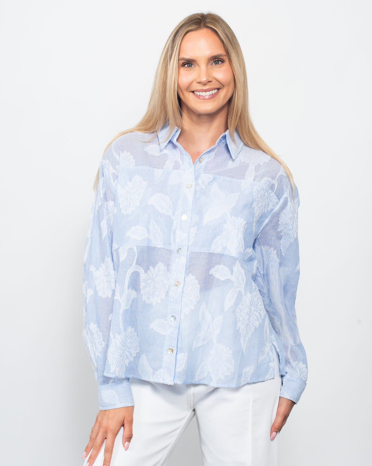 Pinstripe Jacquard Button Shirt in Blue/White Jacquard - Striped Jacquard Shirt (top)