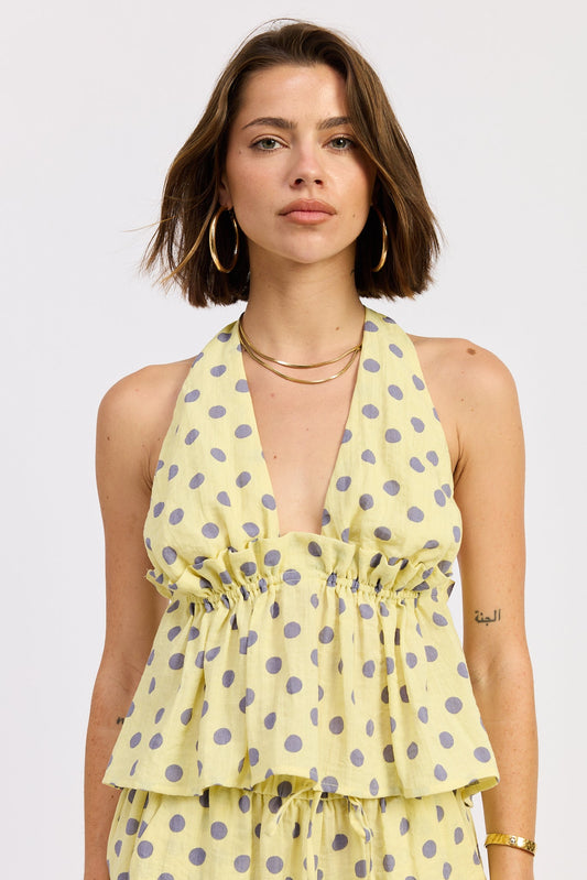 Pixie Halter Top in Butter Yellow Polka - Pixie Halter Top Garage