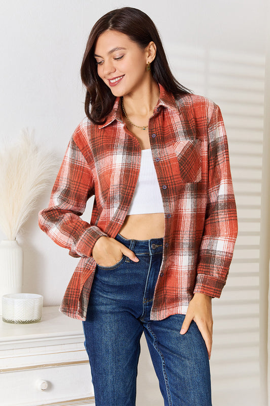 Plaid Collared Neck Long Sleeve Shirt in Caramel - Plaid Collared Shirt Women (top)