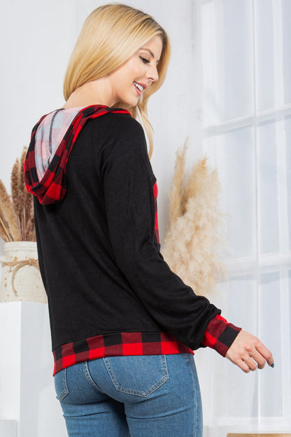 Plaid Print Button Down Hoodie Top - MeeeShop Women's Fashion