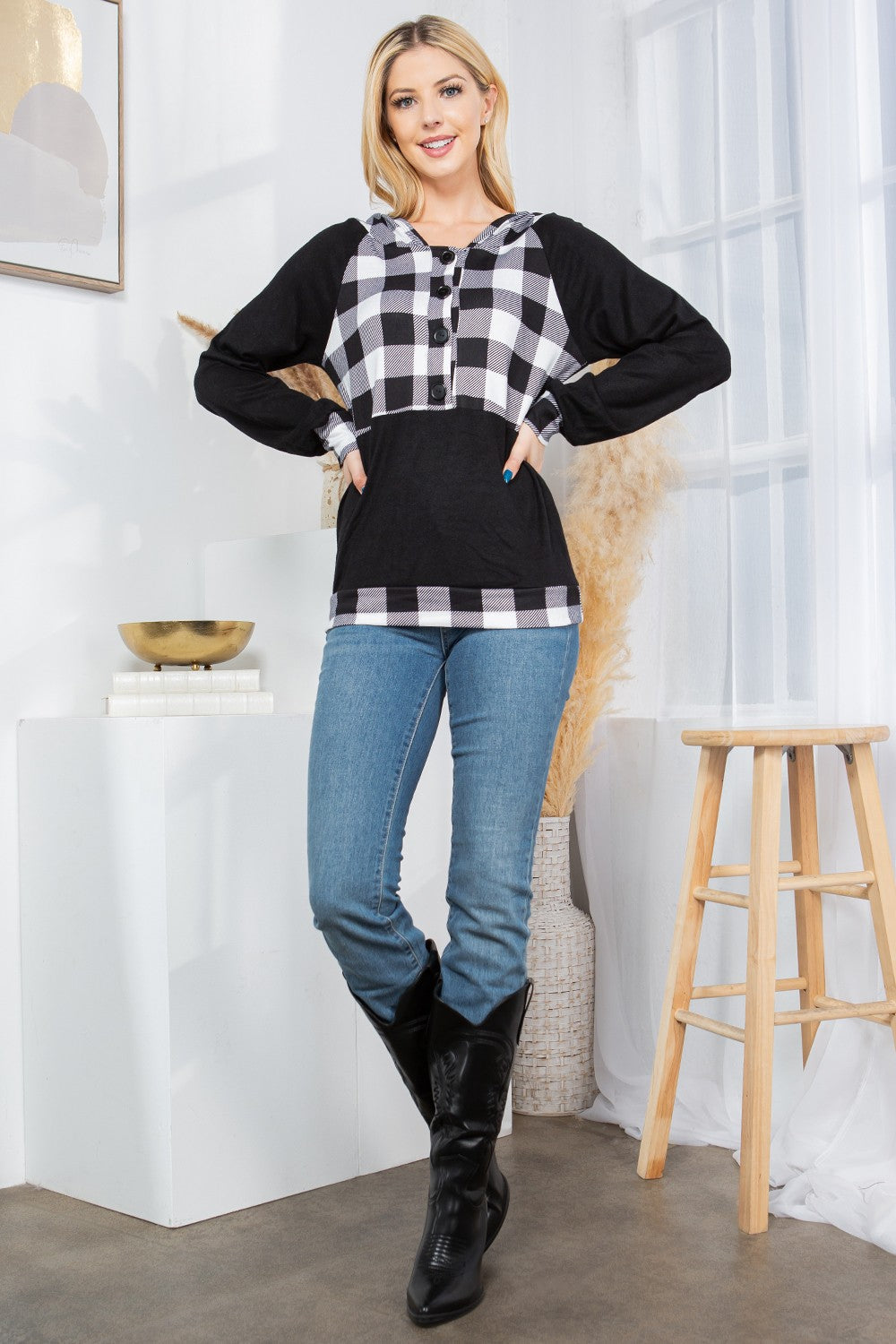 Plaid Print Button Down Hoodie Top - MeeeShop Women's Fashion