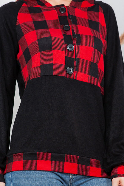 Plaid Print Button Down Hoodie Top - MeeeShop Women's Fashion