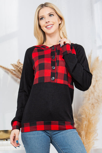 Plaid Print Button Down Hoodie Top - MeeeShop Women's Fashion
