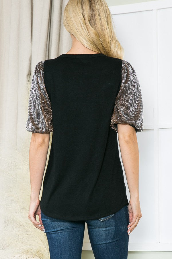 Pleat Mesh Sleeve Knit Top-2 Colos in Royal Blue view 3 - Fall Wardrobe Essential - Pleated Mesh Top