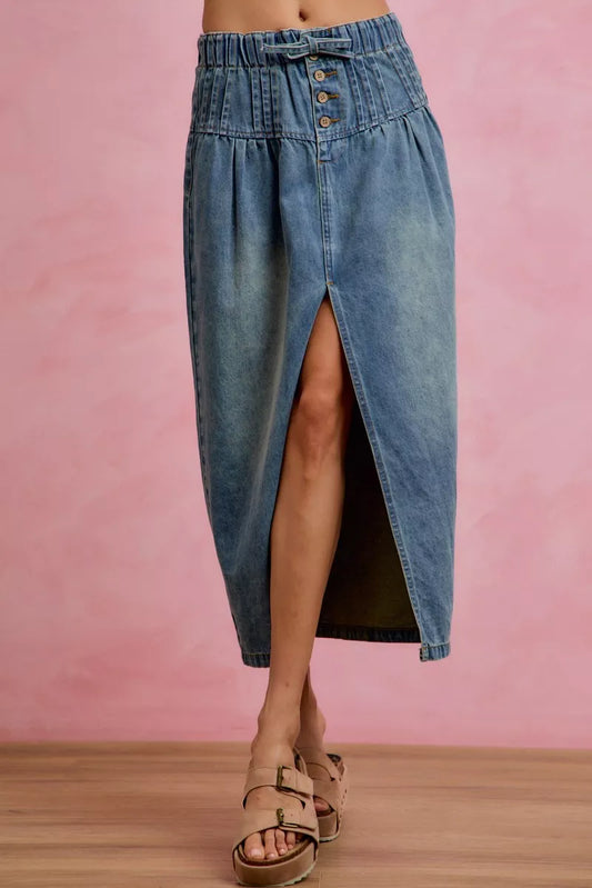 pleated washed denim So Me Pleated Washed Denim Skirt with Front Slit DENIM (skirt) - shop at us.meeeshop