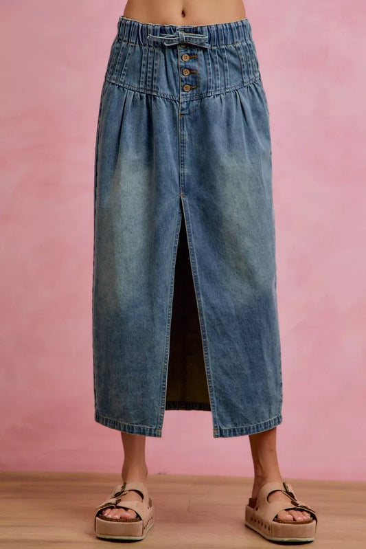 pleated washed denim So Me Pleated Washed Denim Skirt with Front Slit view 2 (skirt) - shop at us.meeeshop