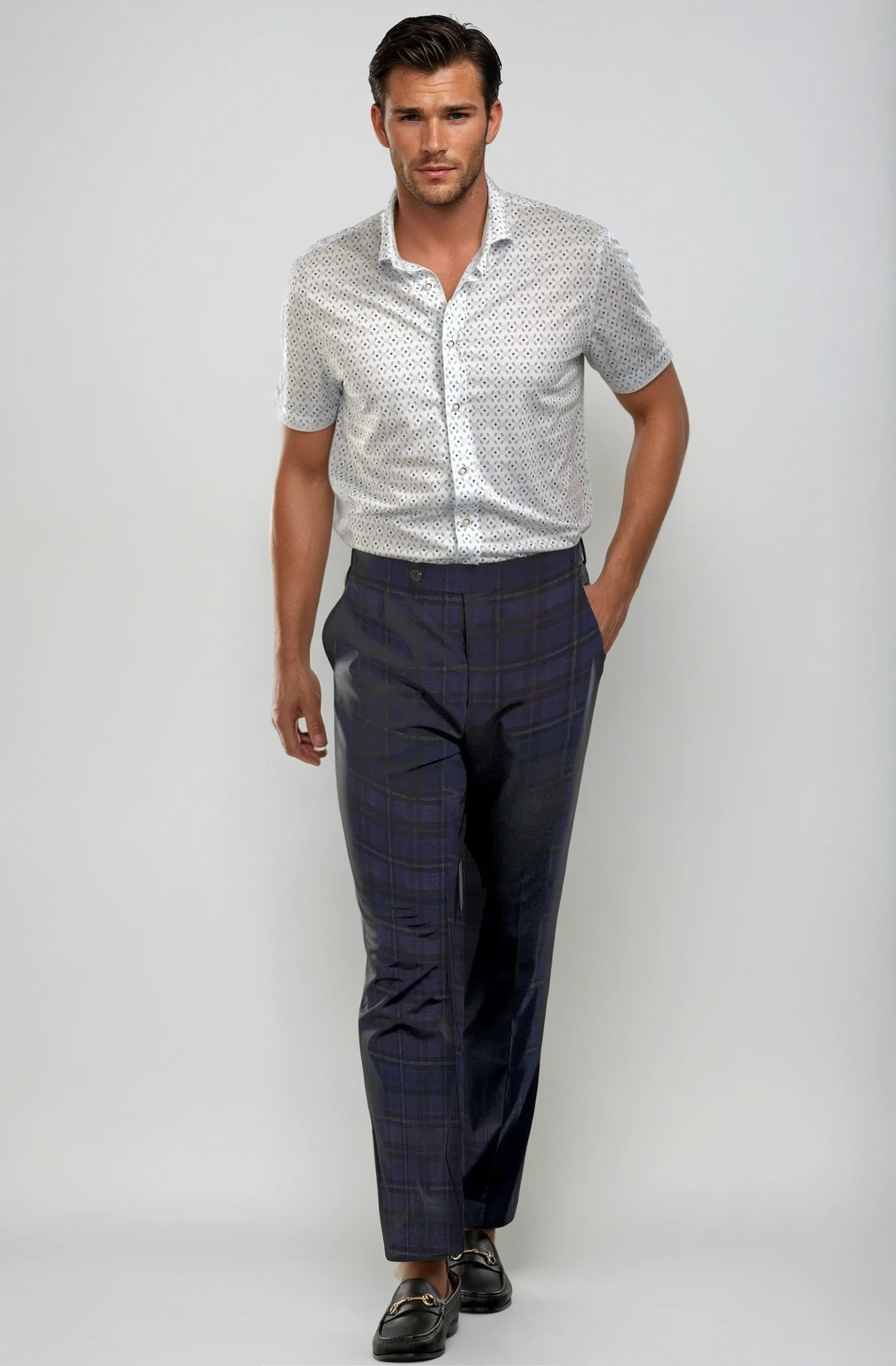 pleated wool trouser Pleated Wool Trouser Pants - Navy Plaid M (bottom) - shop at us.meeeshop