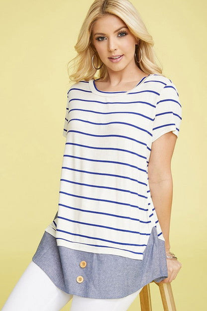 plus button stripe chambray layered tunic us.meeeshop - Shirts & Tops